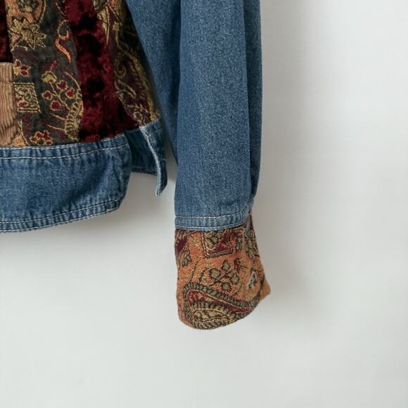 Out Of The Blue J Jill Patchwork Velvet Tapestry Denim Jean Mixed Media Jacket M - Picture 4 of 6